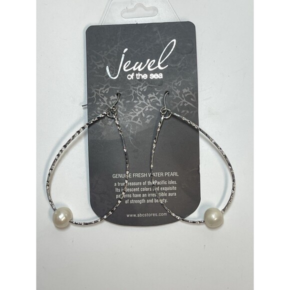 Jewel Of The Sea Freshwater Pearl Hammered Silver Teardrop Hoop Earrings New - Picture 1 of 4